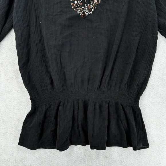 Chicos Top 3 (XL) Pullover Gauzy Sheer Black Elastic Waist Sequins Beaded Blouse - Picture 6 of 16